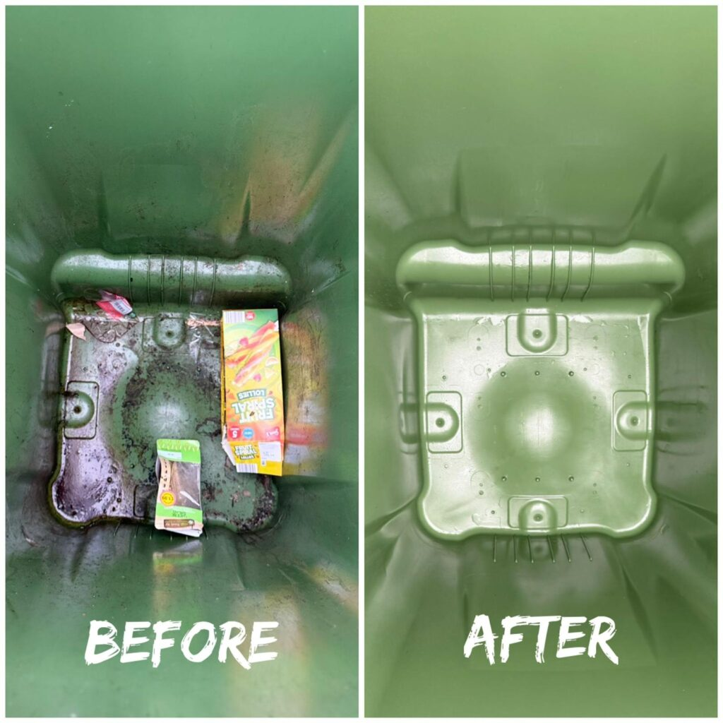 Green bin base before and after cleaning