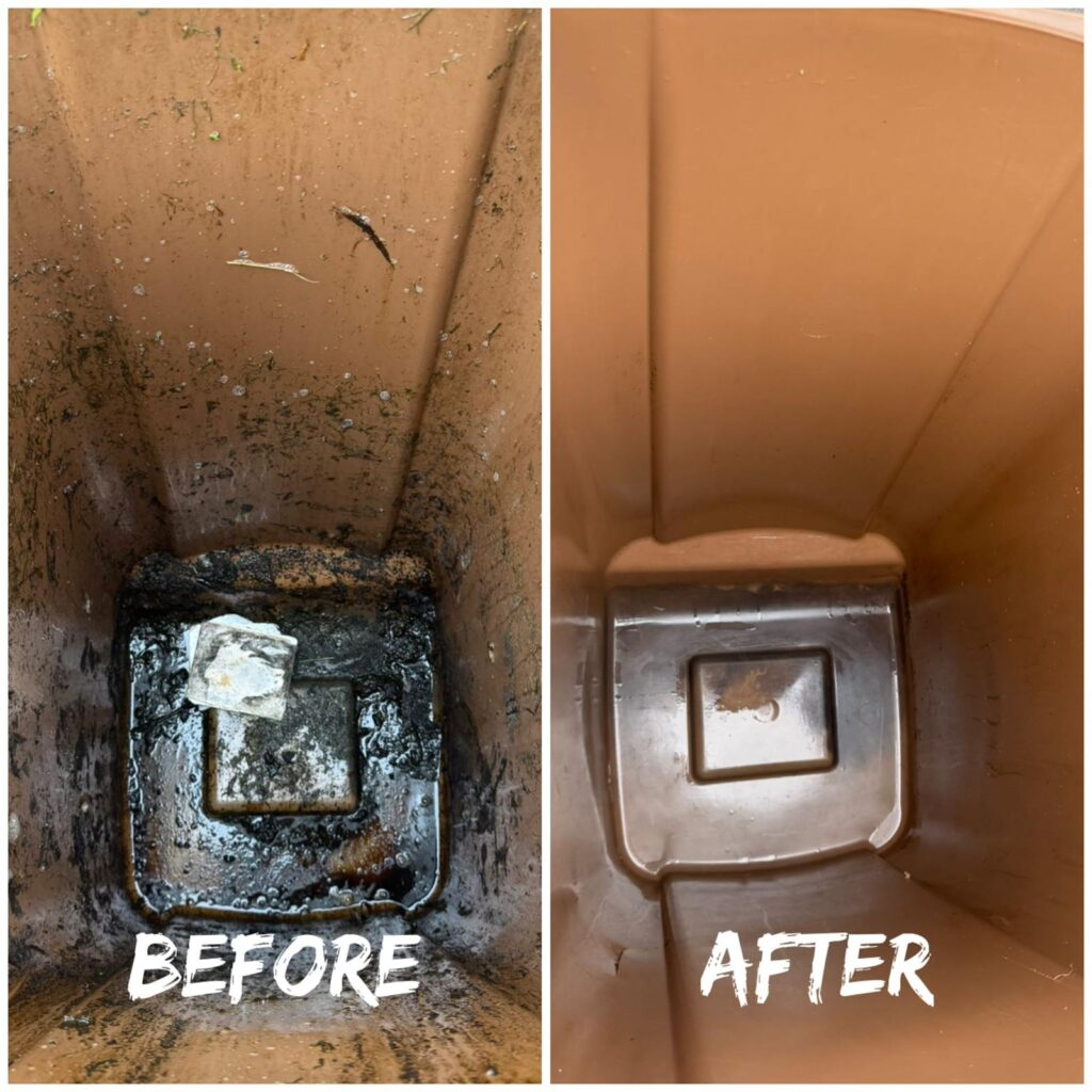 Brown bin interior before and after cleaning